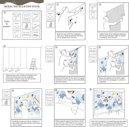 AFZEVEB-Space Mural Hand-Painted Cartoon Wallpaper for Kids Room 136"x96"(Not Peel and Stick)