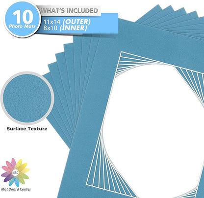 Mat Board Center, Pack of 10, 11x14 for 8x10 Dynamic Blue Color Mats - Acid Free, 4-ply Thickness, White Core - for Pictures, Photos, Framing