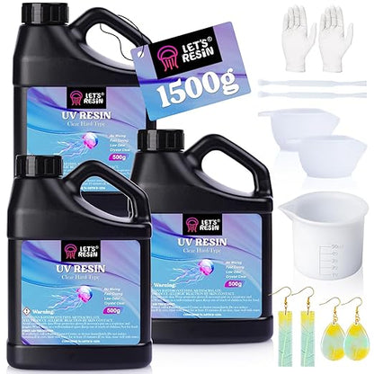 LET'S RESIN UV Resin, 1500g Odorless, Low Shrinkage, Clear Ultraviolet Epoxy Resin with Silicone Measuring Cups, for Jewelry, Molds, Craft Decoration