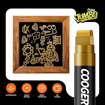 3Pcs Gold Jumbo Poster Markers, 15MM Thick Permanent Acrylic Graffiti Markers, Wide Tip Paint Marker for Canvas, Posters Board, Fabric, Window, Glass, Wood, Teachers,Banner painting supplies