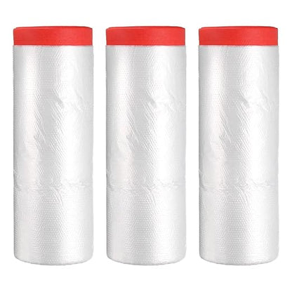 uxcell Pre-Taped Masking Film, 7.9ft x 66ft High-Tack Painters Tape Plastic Drop Cloth with High-Tack Painters Tape for Painting Protection Red 3Pcs