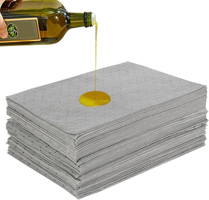 100 PCS Oil Absorbent Pads, 16.5" x 12.6" x 2mm Universal Spill Absorbent Pads Heavy Weight Absorbent Mat Pads for Absorbing Water, Oil, Grease, Coolant, and Other Fluids (Gray)