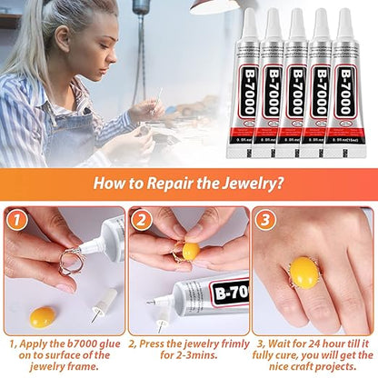 B7000 Clear Adhesive with Precision Tips, 5 PCS B-7000 Jewelry Bead Glue for Diamond Rhinestone Applicator Tools Set - Strength Adhesive for Nail Art DIY Crafts Clothes Shoes Bags