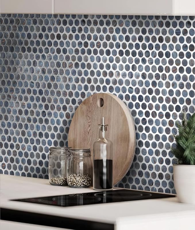 Denim Blue Penny Round Mosaic Glass Tile – Sample Swatch- 4"x5" - Luxurious Design for Bathroom Walls, Kitchen Backsplash, Shower Walls - Elegant Wall Decor - NOT Peel and Stick Tile