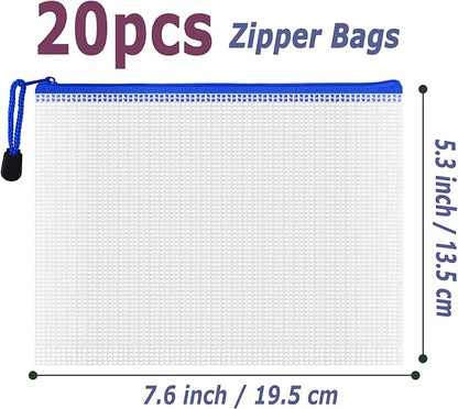 AUSTARK 20Pcs Board Games Storage Bags, PVC Mesh Zipper Pouches, Zippered File Bags, Plastic Waterproof Storage Bags for Office School Home Travel Cosmetic (B6 Size 7.6 x 5.3 Inches, White and Blue)