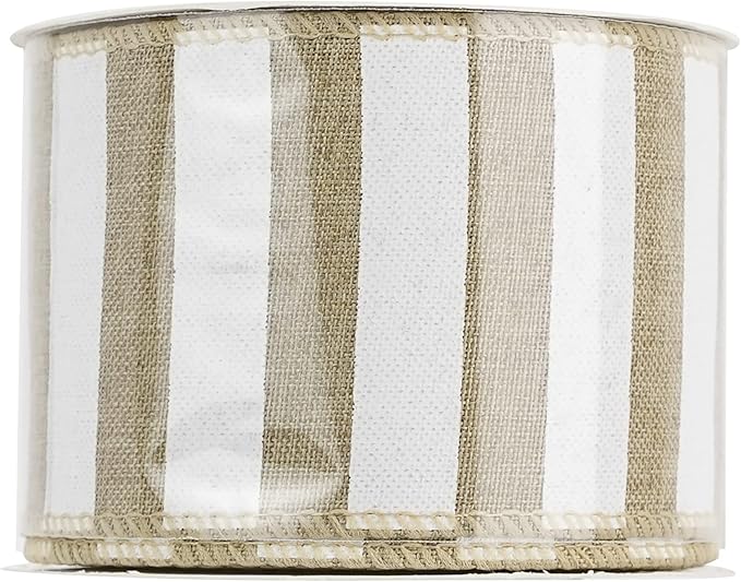 MEEDEE Burlap Ribbon with White Stripe Burlap Ribbon 2.5 Inch Wired Ribbon for Cakes Gift Basket Bow Wreath Ribbon for Rustic Front Door Wreath Baby Shower Beach Party Farmhouse Decor, 10 Yards