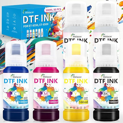 Upgraded Auto-Fill DTF Ink for ET-8550, ET-8500, 100mlx6 Heat Transfer Ink Conversion Kit, High Density Pigment Ink - Compatible with All DTF Films&Printers(Anti-UV, ICC-Free)