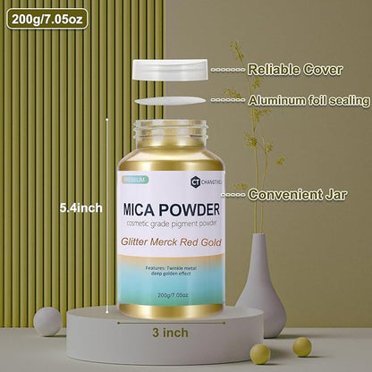 Mica Powder,7.05OZ（200g）,Glitter Merck Red Gold Mica Powder Pigment for Epoxy Resin，Lip Gloss，Car Paint，Dye，Soap Making，Nail Polish,Epoxy Resin,Candle Making,Bath Bombs