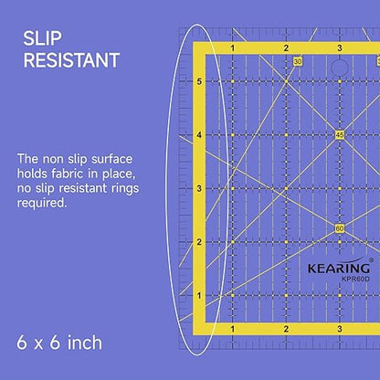 KERING Patchwork Quilting Ruler - 6x6 inch Non-Slip Acrylic Square Ruler for Foundation Paper Piecing, Bias Strips & Rotary Cutting, Durable Quilter's Tool with Anti-Slip Backing
