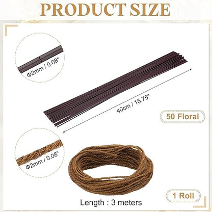 uxcell 50Pcs 2 Gauge Floral Wire, 15.75" Length Flower Stem Wires with 0.08" x 32.8ft Twine for Wreath Making, Flower Arrangement, Brown