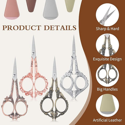 Zhehao 4 Pcs Sewing Embroidery Scissors with Artificial Leather Cover Sewing Stainless Vintage Embroidery Scissors for DIY Needlework Art Manual Handicraft (Retro)