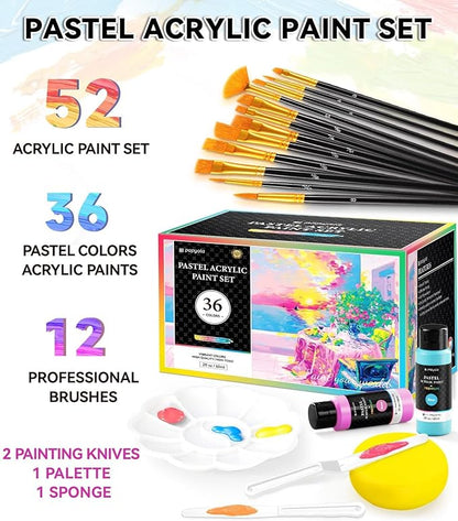 52 PCS Pastel Acrylic Paint Set with 12 Brushes, 2 Knives & Palette, 36 Colors (2oz/60ml) Art Craft Paint for Adults Kids Artists Beginners, Halloween Pumpkin Canvas Ceramic Rock Painting Kit