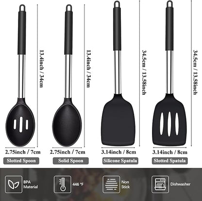 Silicone Spatula Spoon Set, 4 PCS Silicone Cooking Utensils Spatula Spoon Set with Stainless Steel Handle, BPA Free Kitchen Turners for Frying, Mixing, Serving, Draining, Turning, Stirring, Black