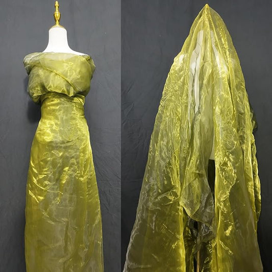 Two-Tone Iridescent Holographic Organza Fabric - 11 Yards | Lightweight Sheer Gauze Voile Tulle | for Dresses, Party Decor, DIY Crafts, Shiny Backdrops（Olive-Greenish Yellow
