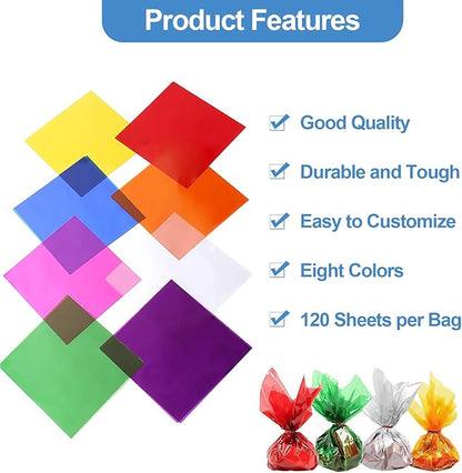 120 Pcs Colored Cellophane Sheets, Cellophane Wrap Paper Color Cello Sheets for Crafts(7.5x7.5 Inches)