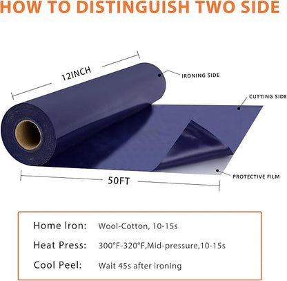 RENLITONG Navy Iron on Vinyl 12Inch by 50ft Roll HTV Heat Transfer Vinyl for T-Shirt HTV Rolls for All Cutter Machine - Easy to Cut & Weed for Heat Transfer Design