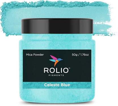Rolio Premium Mica Powder - Celeste Blue (50G / 1.76oz) - 1 Jar of Blue Pigment Powder for Epoxy Resin, Dye, Soap Making, Nail Polish, Paint, Candle Making, Bath Bombs, Slime