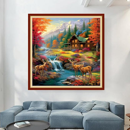 Magxvouy Cross Stitch Kits Stamped Full Range of Embroidery Kits,Cross Stitch Patterns Needlework Kits for Beginners 11CT Printed Kits&Deer by The Lake 18x18 inch
