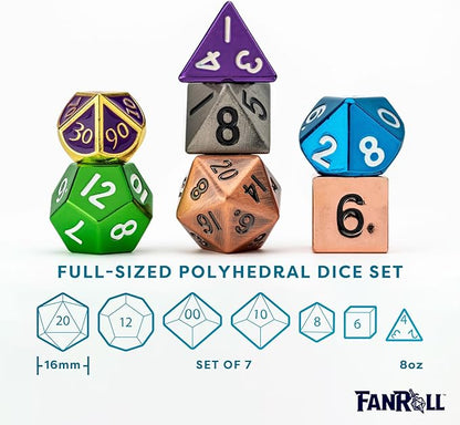 FanRoll Mystery Misfit Metals: Bag of 7 Assorted Polyhedral 16mm Metal Dice