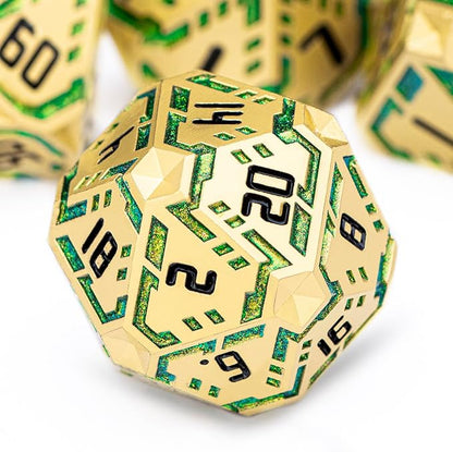 Metal DND Sci-fi Dice Set 7PCS Stripe Polyhedral Dice for Dungeons Dragons RPG Role Playing Game, Glitter D and D Dice with Gift Box D6 D8 D10 D12 D20 (Golden Green)