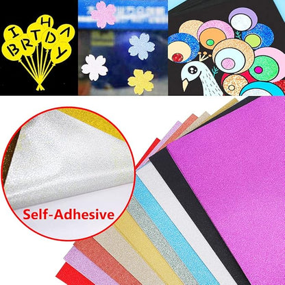 UCEC Glitter Cardstock Paper, 50 Sheets 10 Colors, 8.3 x 11.7 Inch Self-Adhesive Glitter Sticker Paper for Card Making, Sparkly Papers for Craft DIY Halloween Party Scrapbooking Gift, A4, 80 GSM