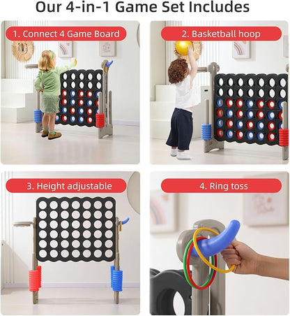 UNICOO® Height Adjustable Jumbo 4-to-Score Game, 4 in A Row Game with Basketball Hoop, Ring Toss, Carrying Bag, Indoor Outdoor Yard Game, Parties & Family Gatherings