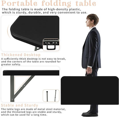 34" Square Folding Table,Multi-Functional Portable Folding Card Table with Carrying Handle for Indoor Outdoor Camping,Picnic, Office, Party Use, HDPE Plastic Tabletop with Metal Frame(Black)