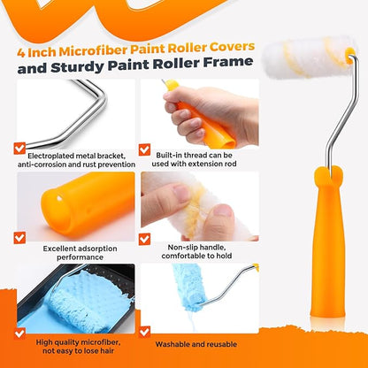 Leumoi 160 Pcs 4 Inch Paint Roller Covers with 2 Holder Microfiber Mini Small Paint Roller Kit for Painting Walls House Home