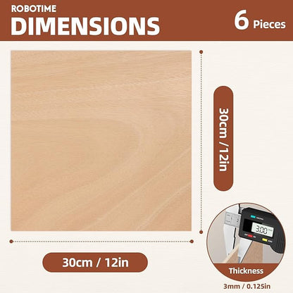 ROBOTIME 6-Pack Laser Wood Sheets 1/8" - 12 x 12 x 1/8 Inch - Mahogany - 3mm Plywood for Laser Cutting, Laser Engraving Blanks
