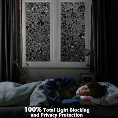 LEMON CLOUD Total Blackout Window Film Privacy Static Cling Frosted Black Window Covering 100% Opaque Film Tint Darkening Removable Film for High Privacy，(Blackout Tulip Design,35.4 x78.7 inches)