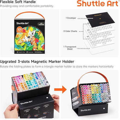 Shuttle Art 101 Colors Alcohol Markers, 100 Colors Dual Tip Art Marker Set Plus 1 Colorless Blender with Marker Case Perfect for Illustration Students Adult Coloring Sketching