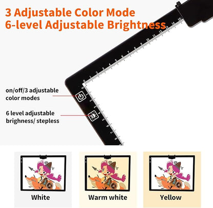 Wireless Rechargeable A3 LED Light Pad w/Built-in Foldable Stand, 3 Color Tone, 6 Levels of Brightness, Battery Powered Evenly Illuminated Light Box for Tracing Drawing and Diamond Painting