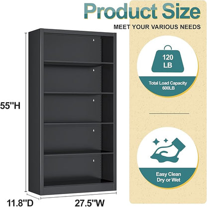 Heavy-Duty Metal Open Storage Cabinet with Adjustable Shelves, 5-Tier Shelving Unit, Easy Assembly Freestanding Organizer for Garage, Pantry,Office, Living Room (Black, 5 Tier-55"H x 27.6"W x 11.8"D)