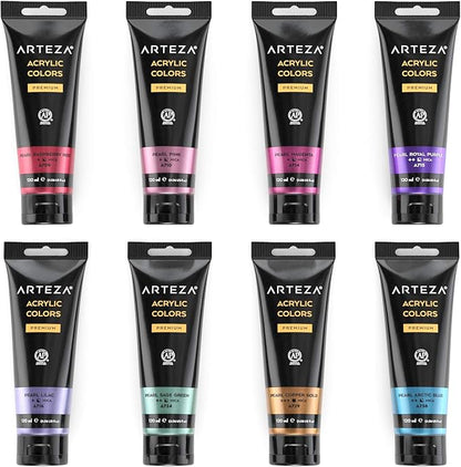 Arteza Metallic Acrylic Paint, Set of 8 Vibrant Essentials Colors 4.06oz Tubes, Rich Pigments, Non Fading, Non Toxic Paints for Artists & Hobby Painte