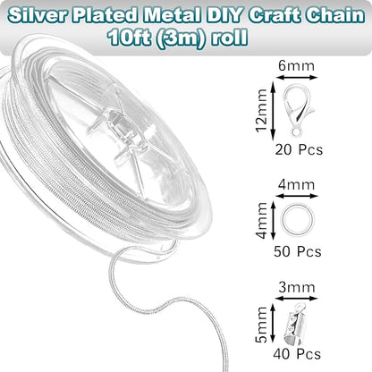 Jishi 33ft Silver Snake Chain 1.2mm Jewelry Making Chains for Necklace Bracelet DIY Jewelry Supplies Findings - Silver Plated Round Snake Cable Chain Link Roll w/Lobster Clasps, Cord Ends & Jump Rings