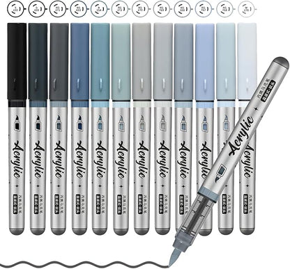Grey Acrylic Paint Pens,12 Color Paint Pens Markers,Brush Tip Paint Pens for Rock Painting Wood Glass Ceramic Canvas Stone DIY Crafts Making Art Supplies