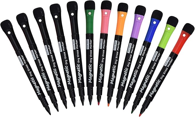 Browill Magnetic Dry Erase Markers, Fine Tip Low Odor Whiteboard Markers for Kids & School, Work On White board & Calendar, Refrigerator (12 Pack)