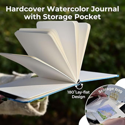 Funto Watercolor Journal, 3.5x5.5, 2 Pack, 24 Sheets Each, Blue Cloth Cover, 110lb/230gsm, Suitable for Techniques and Mixed Media