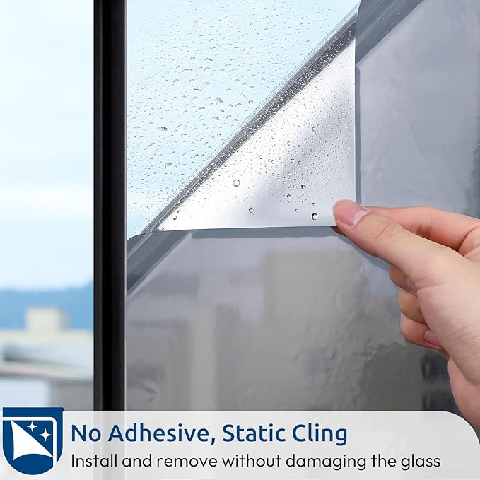 rabbitgoo Window Privacy Film One Way Window Tint for Home, Removable Reflective Heat Sun Blocking Anti UV Glass Door Covering, Mirror Tinting Film House Office, 35.4 in X 9.8 Feet, Silver