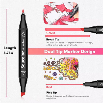Soucolor Alcohol Markers, 80 Colors Dual Brush Tip Permanent Art Coloring Marker for Book Painting Card Making, Art Supplies Gift Box for Adults Teens Kids Boys Girls 8-12