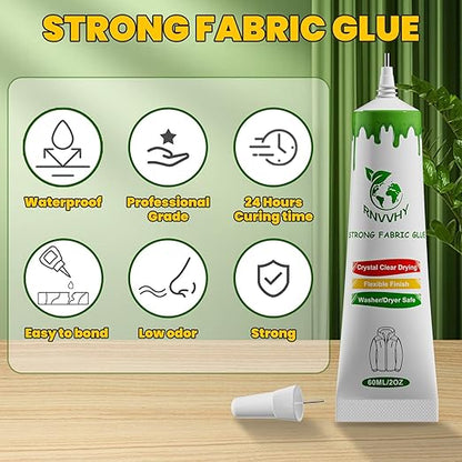 Fabric Glue Permanent, 60ml Super-Strong Clear Washable Fabric Adhesive for Clothing, Patches, Leather, Cotton, Denim, Polyester, Doll Repair (Fabric Glue Kits 2 Pack)
