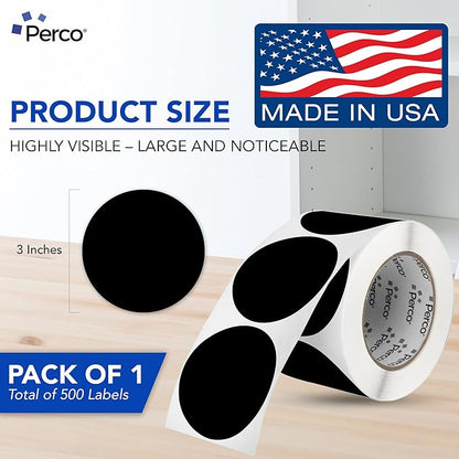Perco Black 3-Inch Round Circle Dot Sticker Labels with Easy Peel Perforation - 500 Labels per Roll - Strong Adhesion, Vibrant Colors for Organizing, Crafting & More - Made in USA