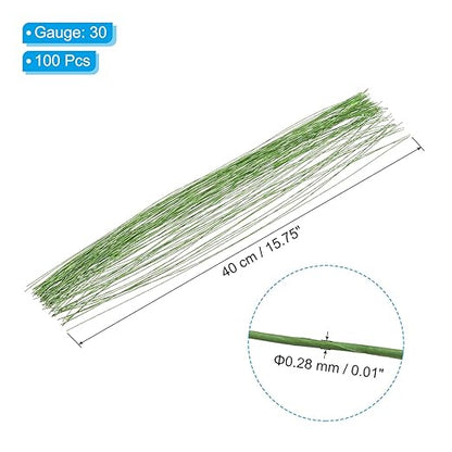 PATIKIL 30 Gauge 16" Floral Stem Wire, 100 Pcs Paper Wrapped Iron Artificial Flower Stem Accessories for DIY Bouquet Stem and Craft Decoration, Light Green