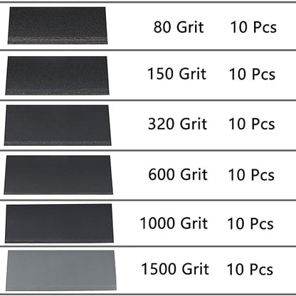 60 Pcs 9x3.6 Inch 8 Grit Mixed Packing Wet and Dry Sandpaper Sheets, Woodworking Furniture/Automobiles/Metal/Lacquer Polishing Sanding Sheets，80/150/320/600/1000/1500 Grit