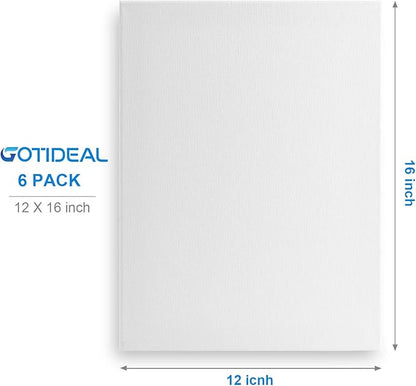 GOTIDEAL Stretched Canvas, 12x16 Inch Set of 6, Primed White - 100% Cotton Artist Canvas Boards for Painting, Acrylic Pouring, Oil Paint Dry & Wet Art Media