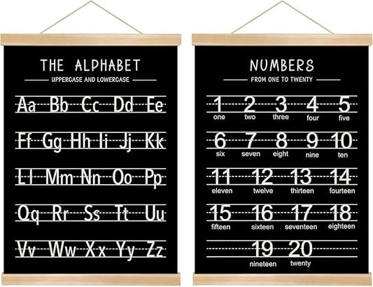 Alphabet and Numbers Wall Chart Set of 2,Kids Educational Posters,ABC and 1-20 Number Learning Banners for Toddlers, Preschool Classroom, Nursery, Playroom Decor14 x 18.5 In(Black and white)
