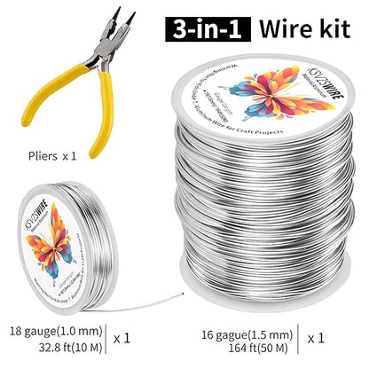 16 Gauge(1.5mm) Aluminum Wire 164 Feet(50M) KSVZS Bendable Metal Wire for Crafts, Sculpting, Armature, Jewelry Making【3-in-1】+18Gauge(1.0mm) 32.8Ft(10M)+1 Pliers(Silver)…
