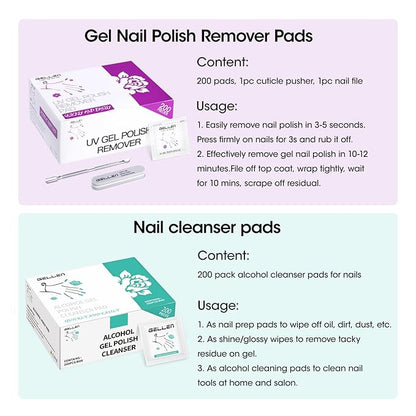 Gellen Gel Polish Remover Pad Kit, Acetone Polish Remover Pads & Alcohol Pads Cleanser Wipes, 400 Pack Travel Kit Professional Individually Wrapped Quick Easy with Glycerin Moisturizing