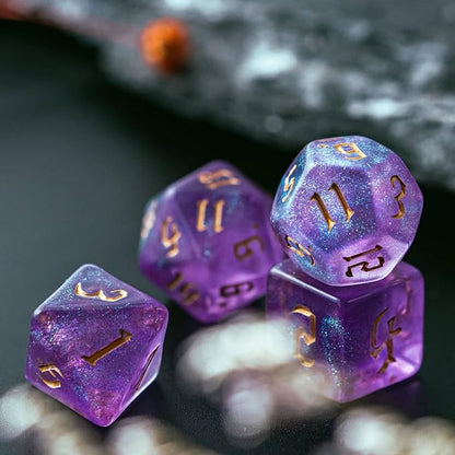 7-Die DND Dice Set Polyhedral Dice Set with a Leather Dice Bag, D&D Dice Set for Dungeons and Dragons, RPG Table Games (Purple/G)