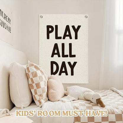 Playroom Wall Decor Linen Canvas Banner,Play All Day Wall Hanging Flag Banner for Kids Nursery and Playroom Wall Decor,Stylish Room Decor for Boys and Girls 18x25 Inch